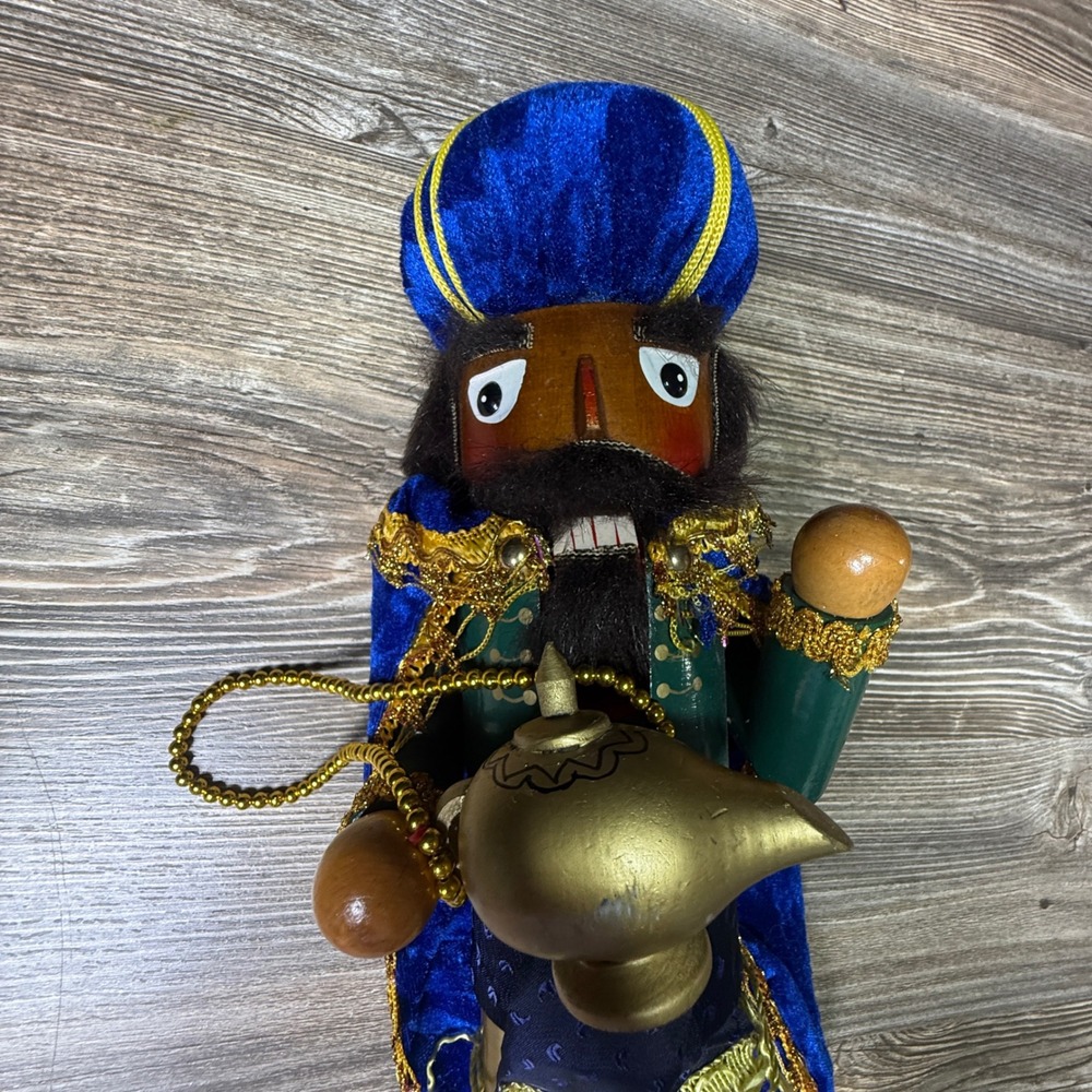 Wooden Genie Sultan Nutcracker with Magic Lamp Blue Velvet Gold Trim 15 Inch